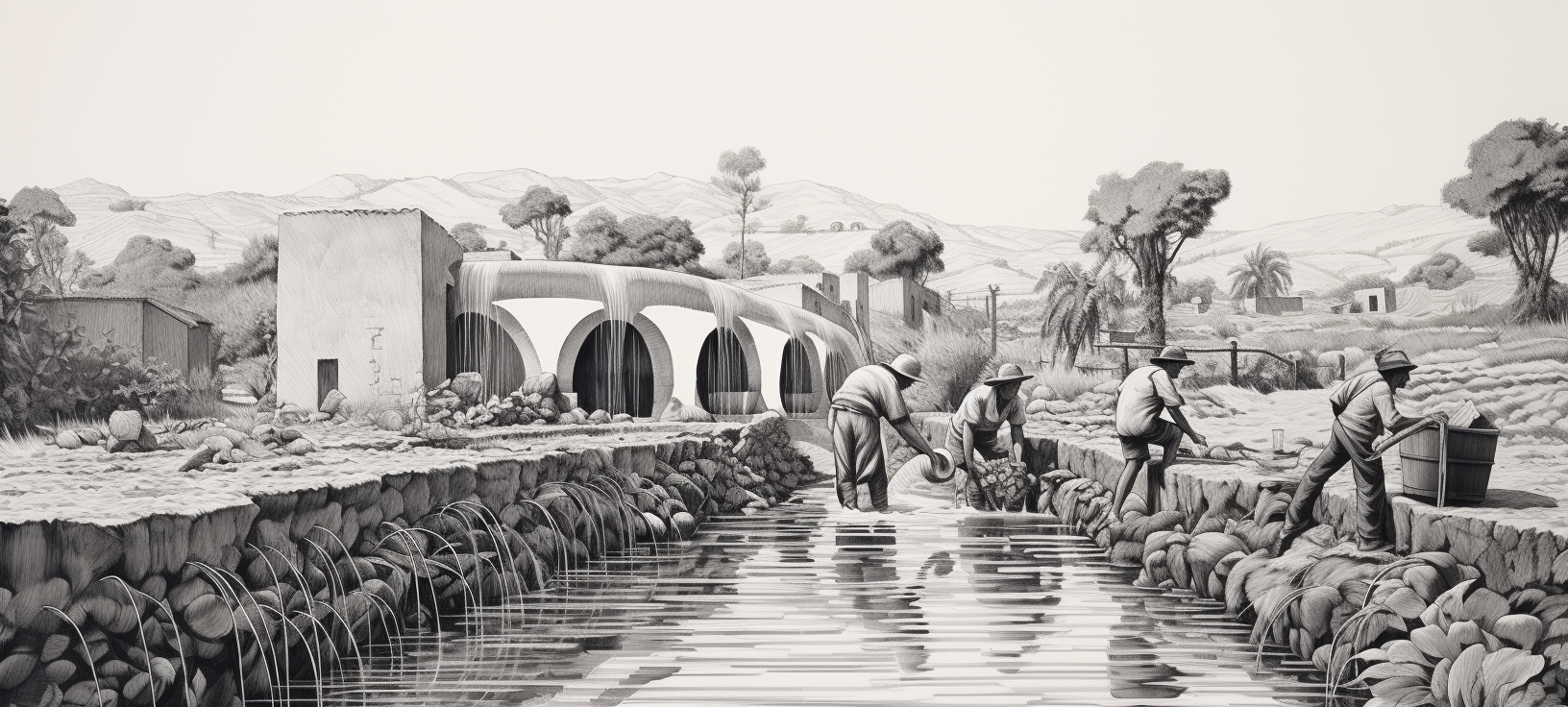 Artistic portrayal of people near an irrigation canal