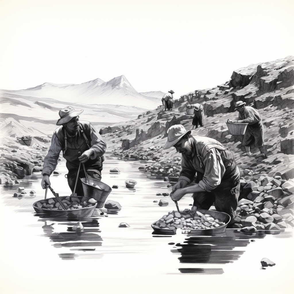 Black and White Drawing of People Gold Panning