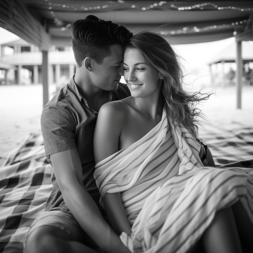 Happy young couple hugging under boardwalk