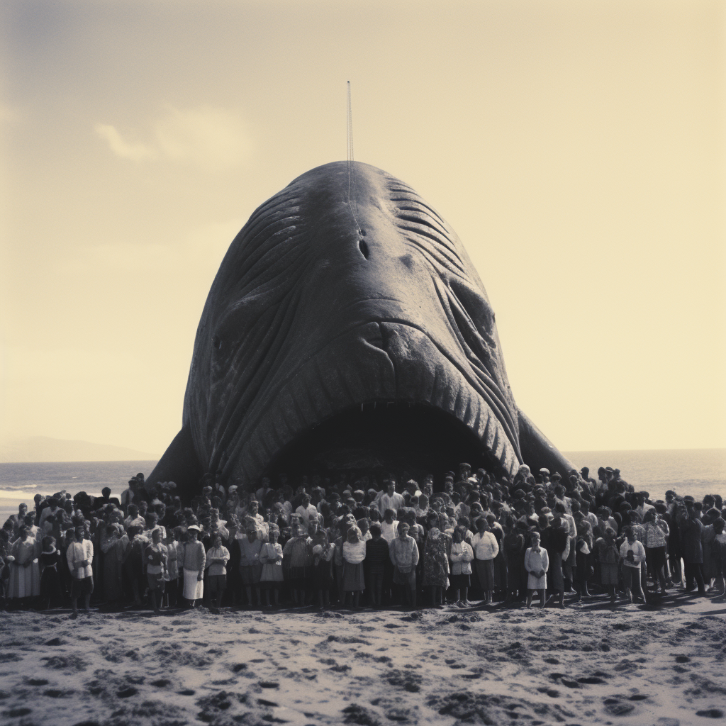 Crowd gathered around beached whale on sunny day