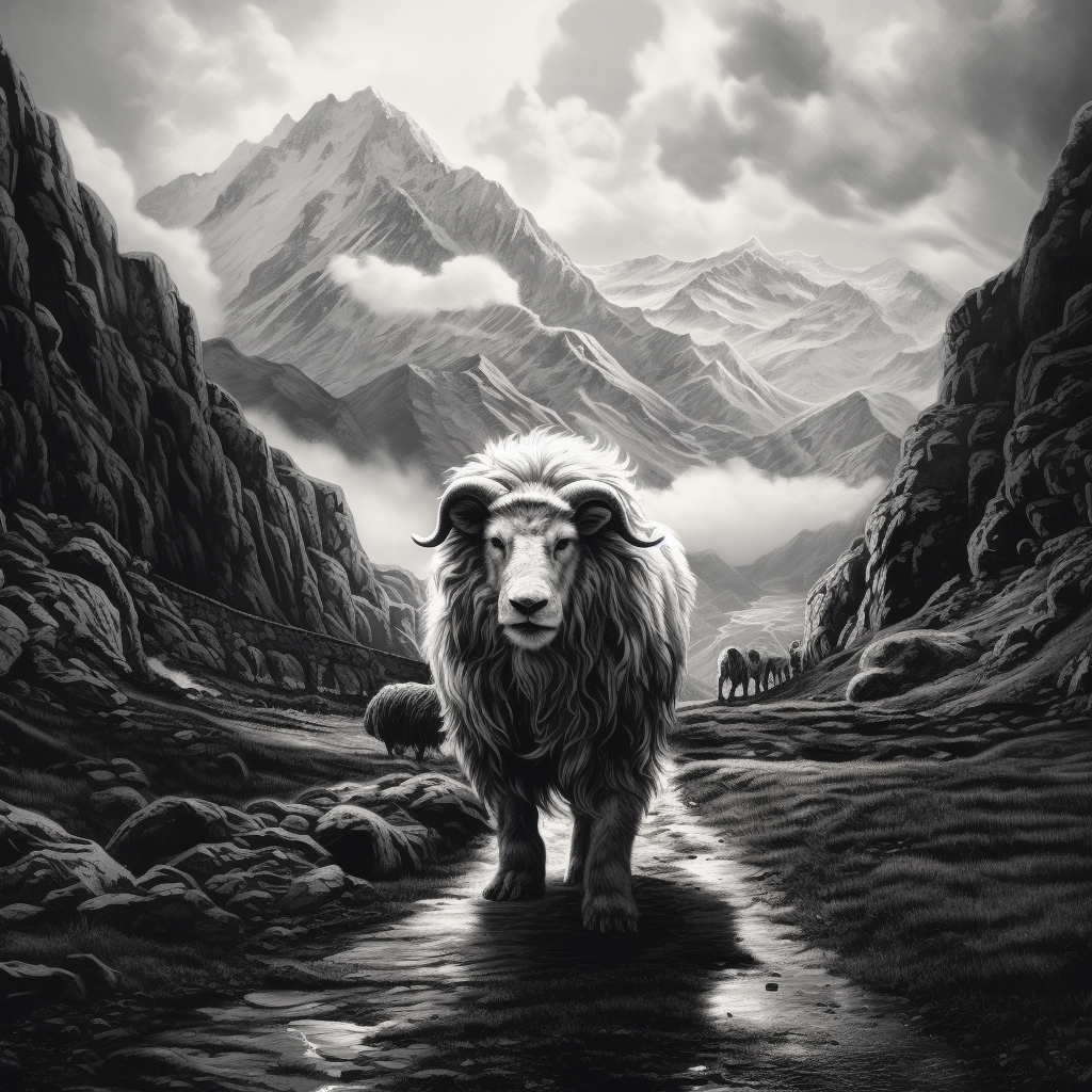 Sheep and Lion in Mountains