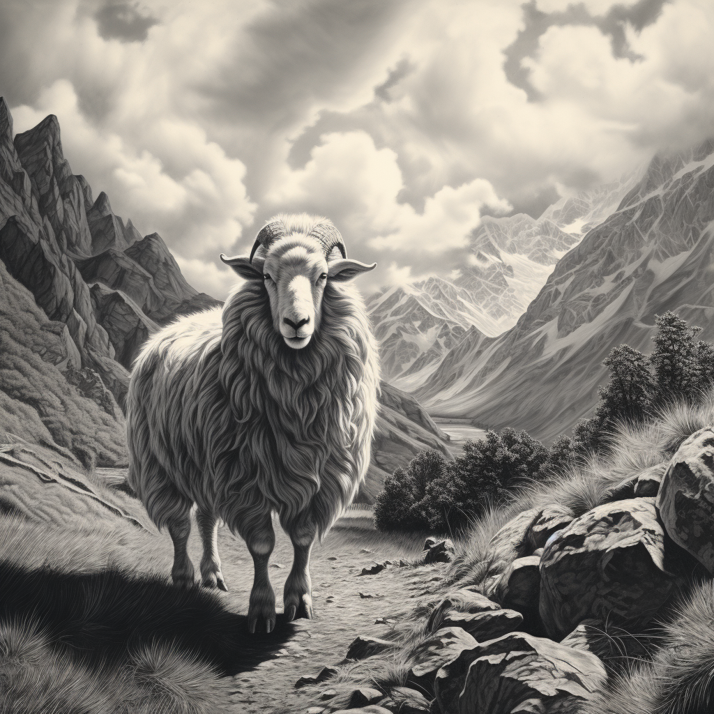 Black and white sheep in mountains