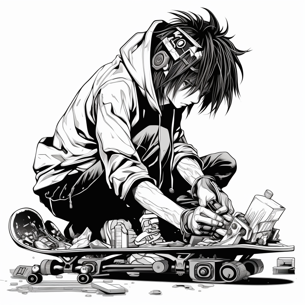 Black and white anime skateboard repair graphic