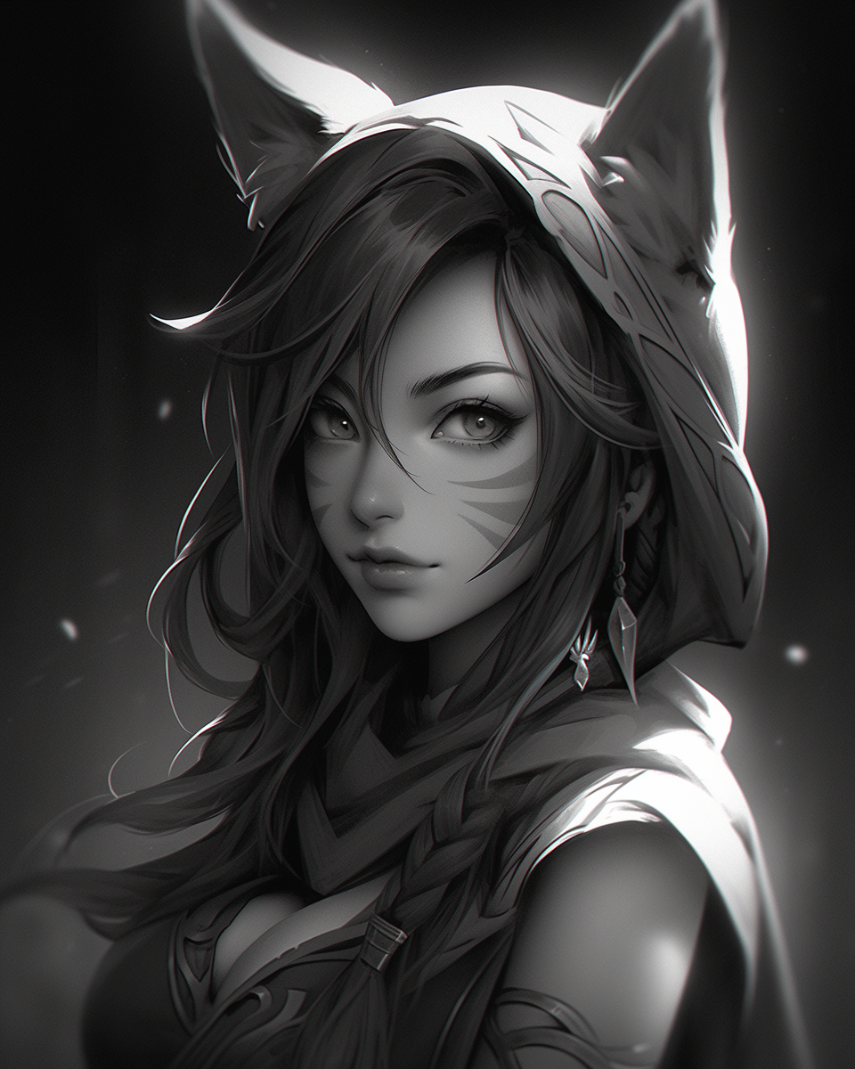 Black and White Sketch Concept Art of Female Ahri