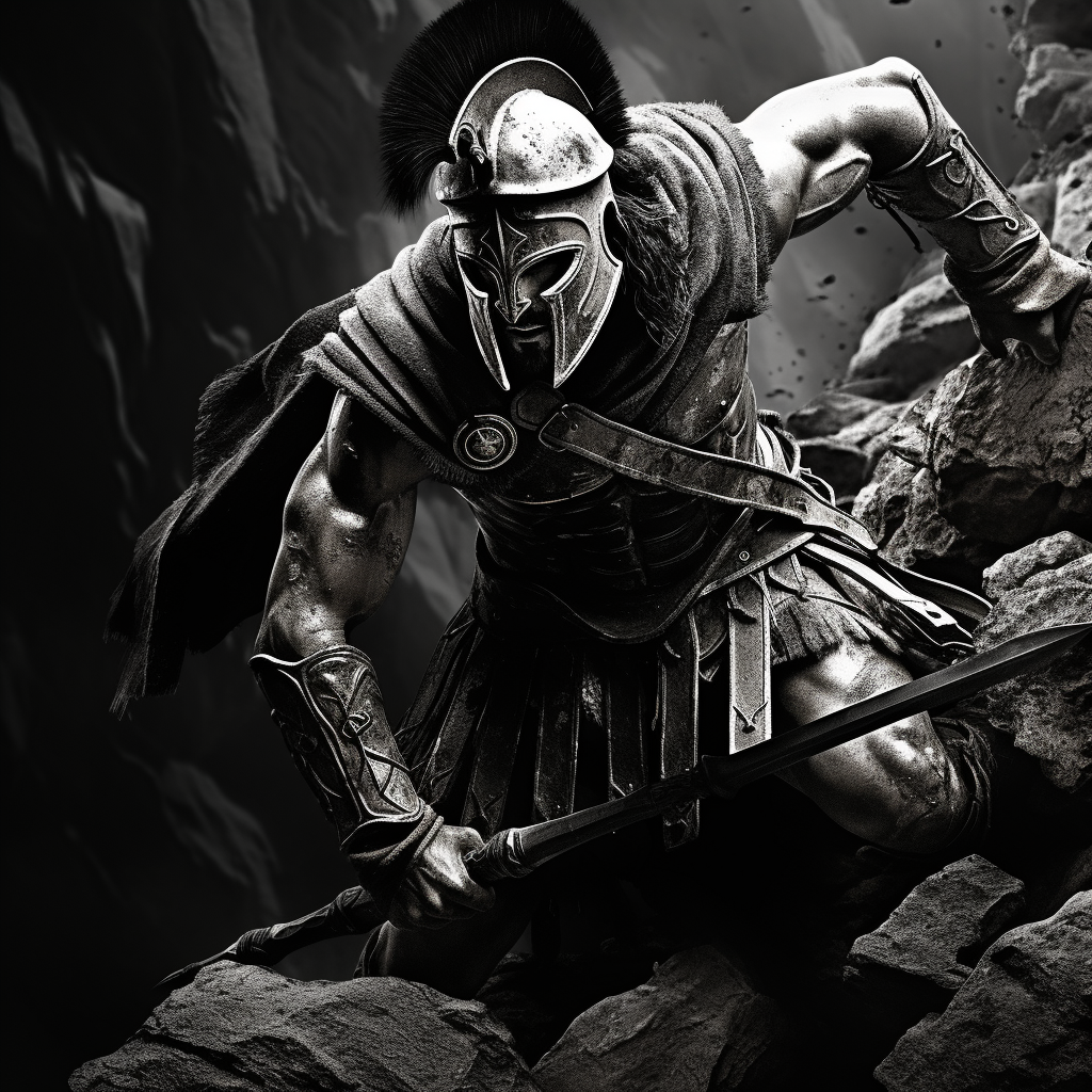 Spartan battling uphill in black and white