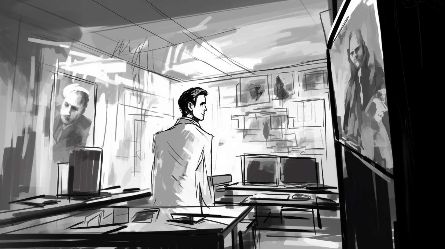 Simplified black and white storyboard sketch