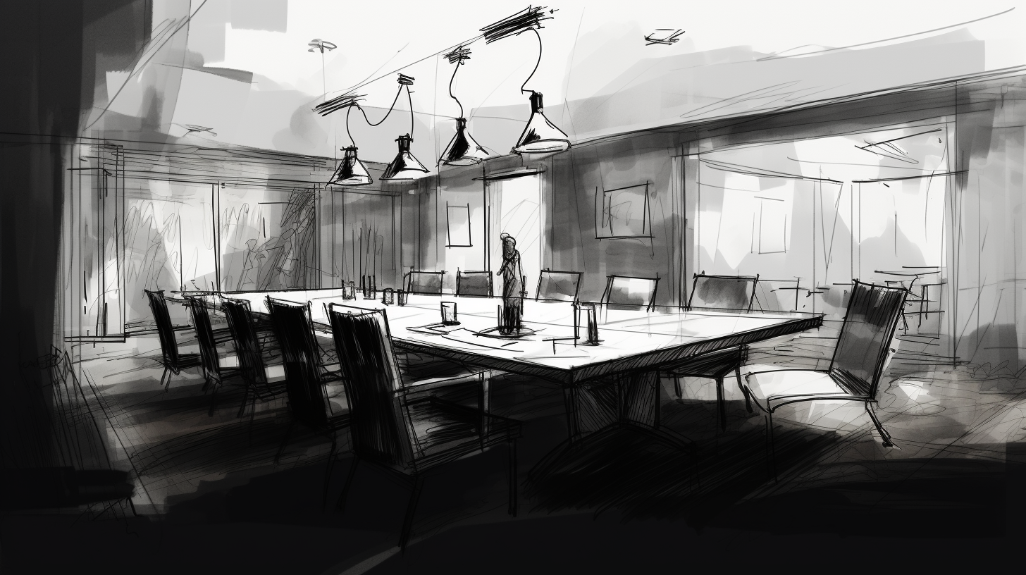 Black and white storyboard sketch with gestural lines and snacks in meeting room.