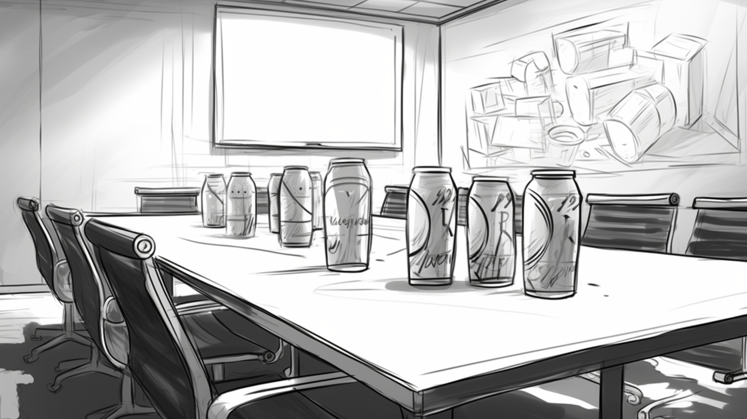 Black and white storyboard sketch with soda cans