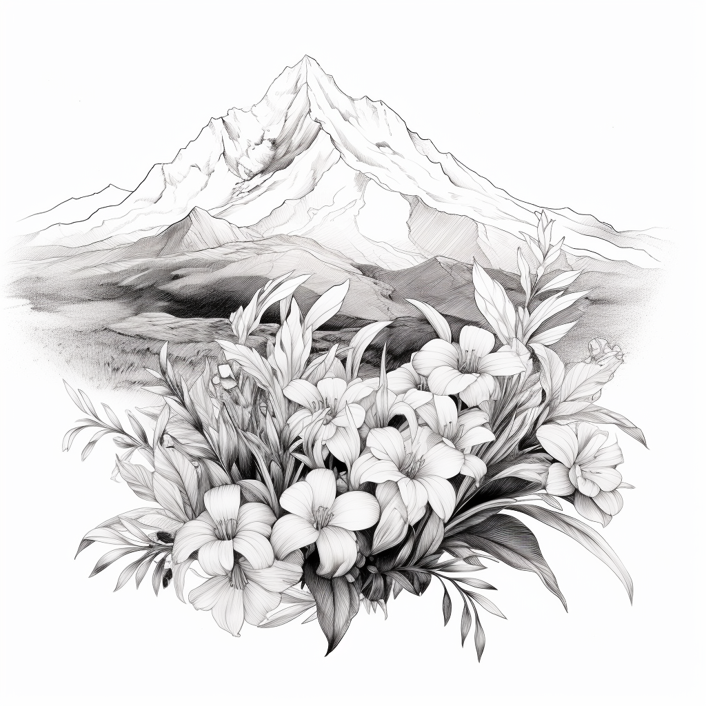 Black and white tattoo sketch of bouquet on Mount Taranaki