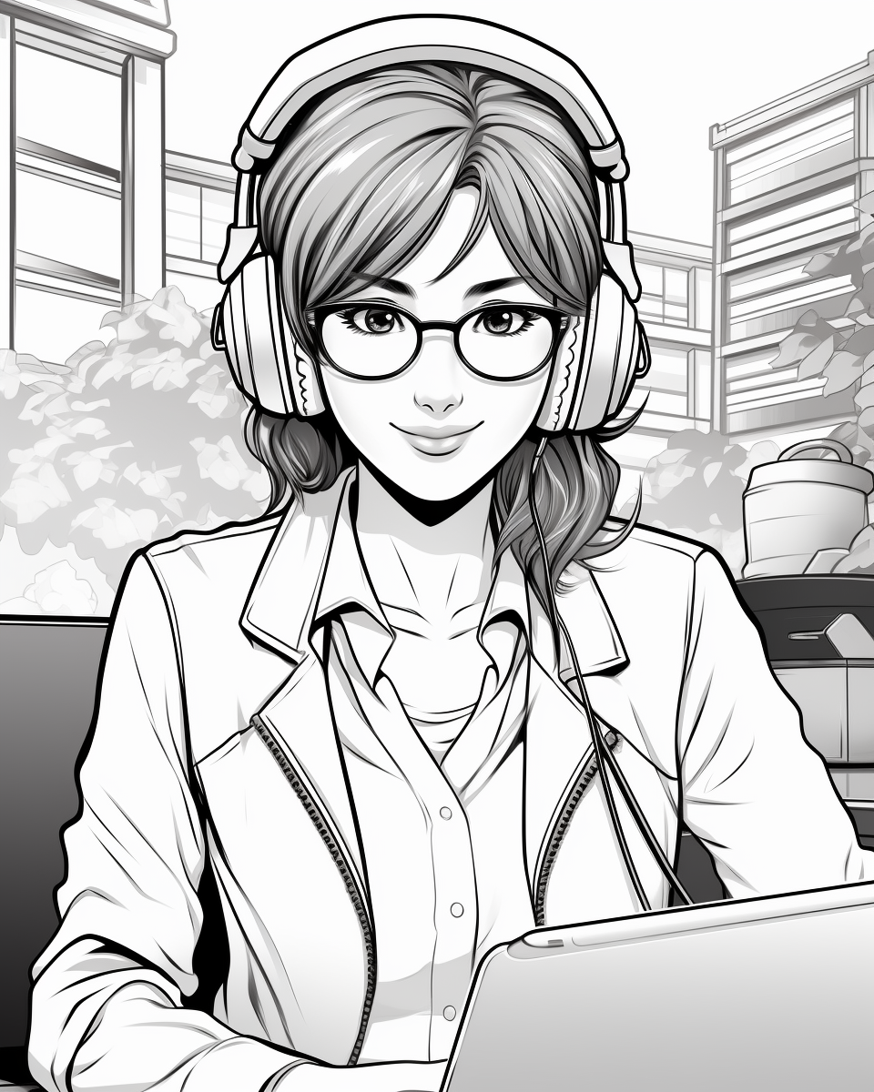 Cartoon-style woman on Zoom with laptop