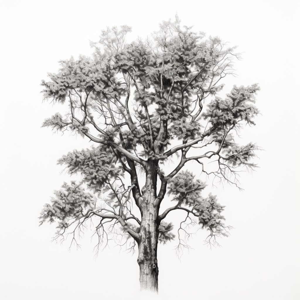 Black and white drawing of a slender tall tree