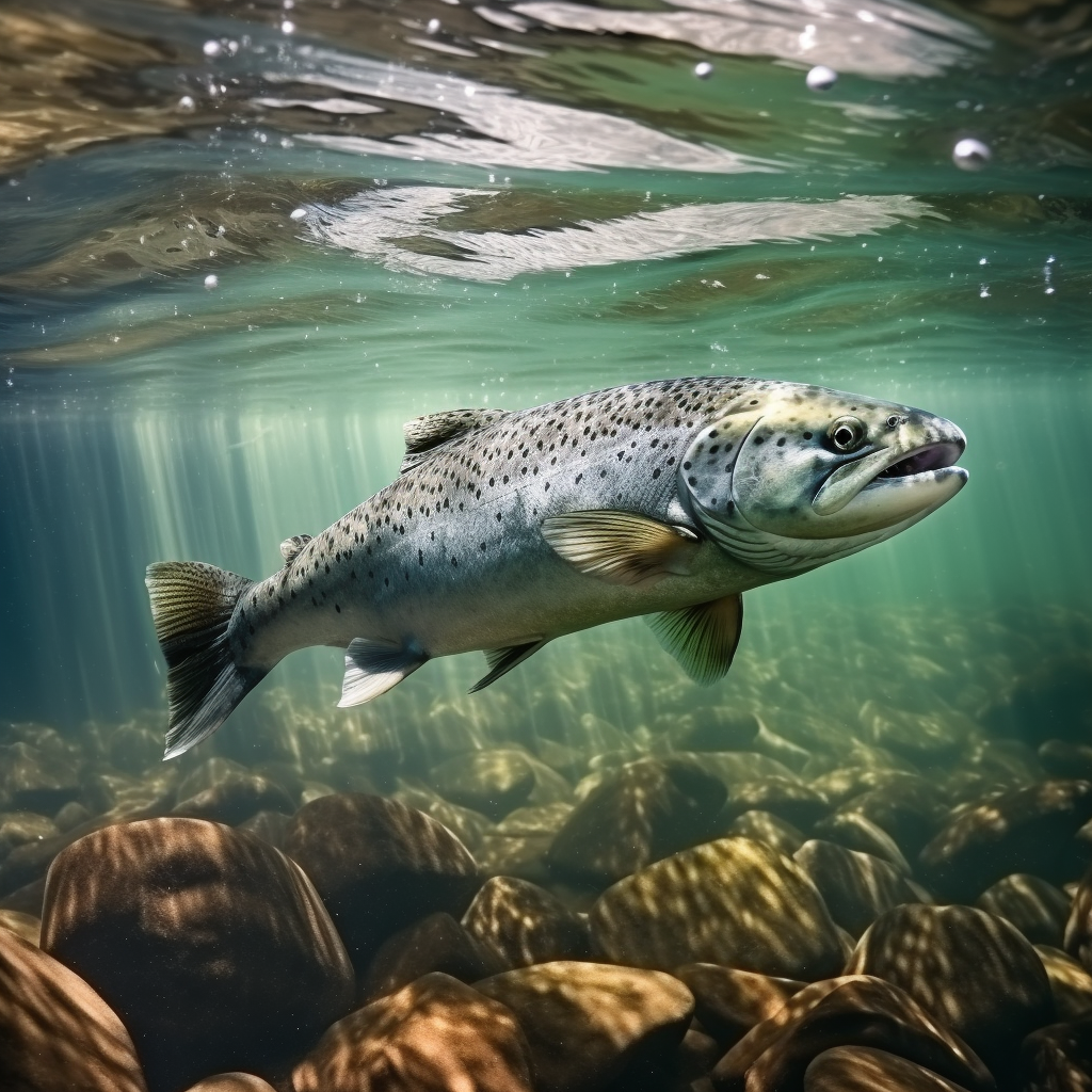 Realistic black and white trout swimming underwater