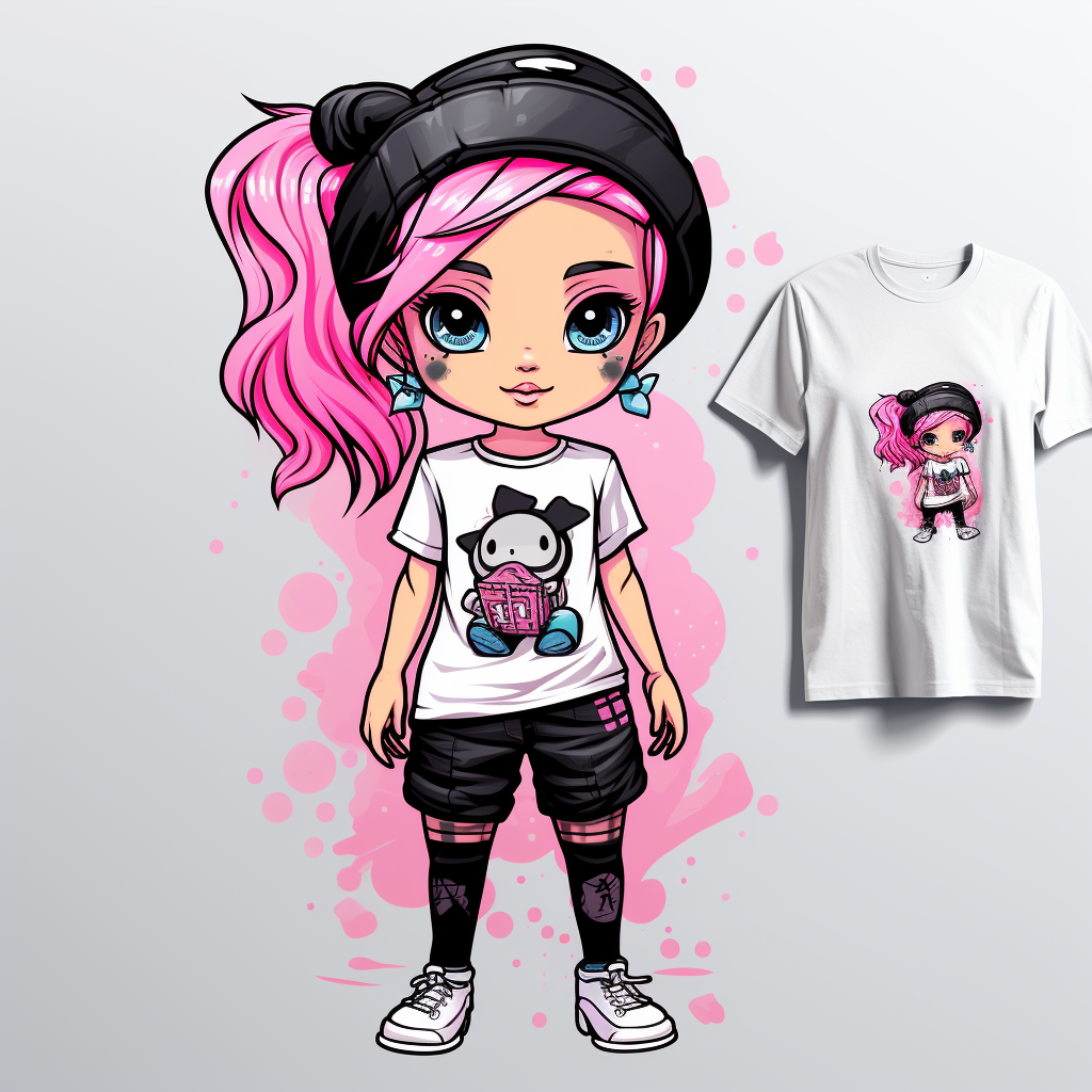 Vector art of a chibi girl in graffiti-style t-shirt