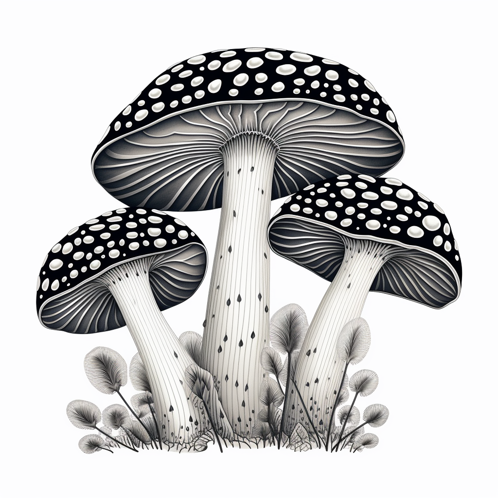 Black and white vector image of three amanitaa muscaria mushrooms