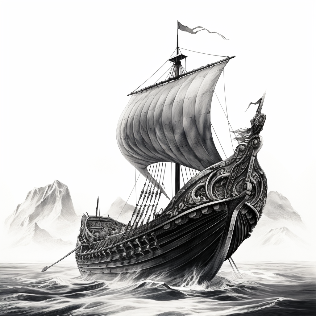 Black and white illustration of a viking ship