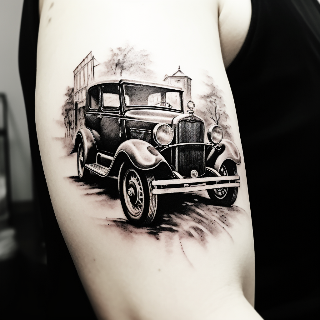 black and white vintage car tattoo design