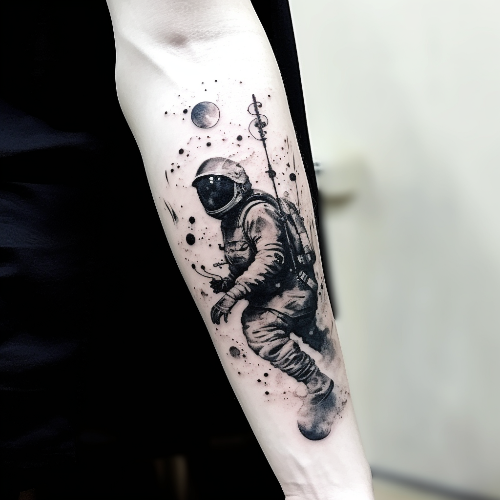 Black and white watercolor forearm tattoo with astronaut floating in space