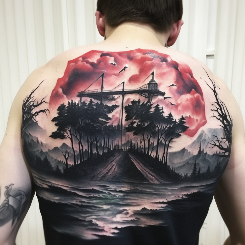 Black and white watercolor tattoo with red highlights