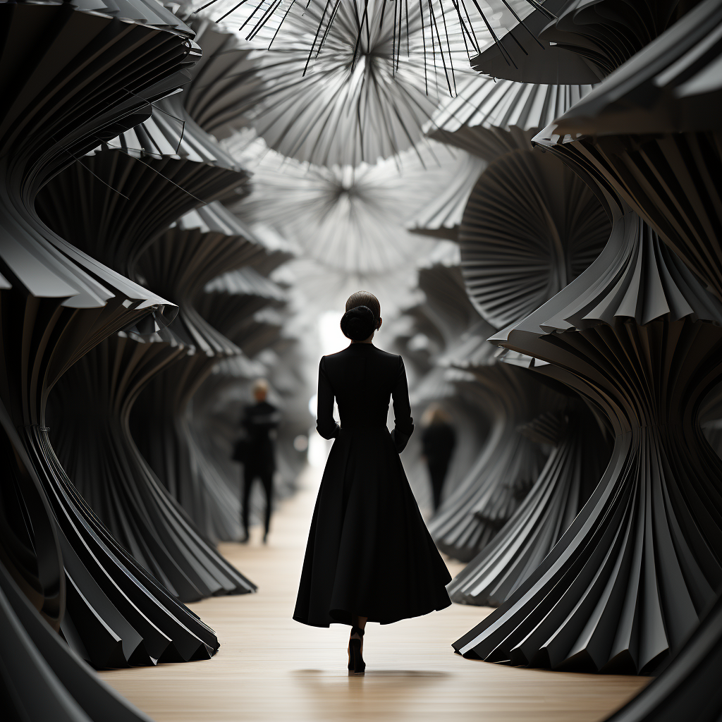 Black and white image of woman walking in front of fans