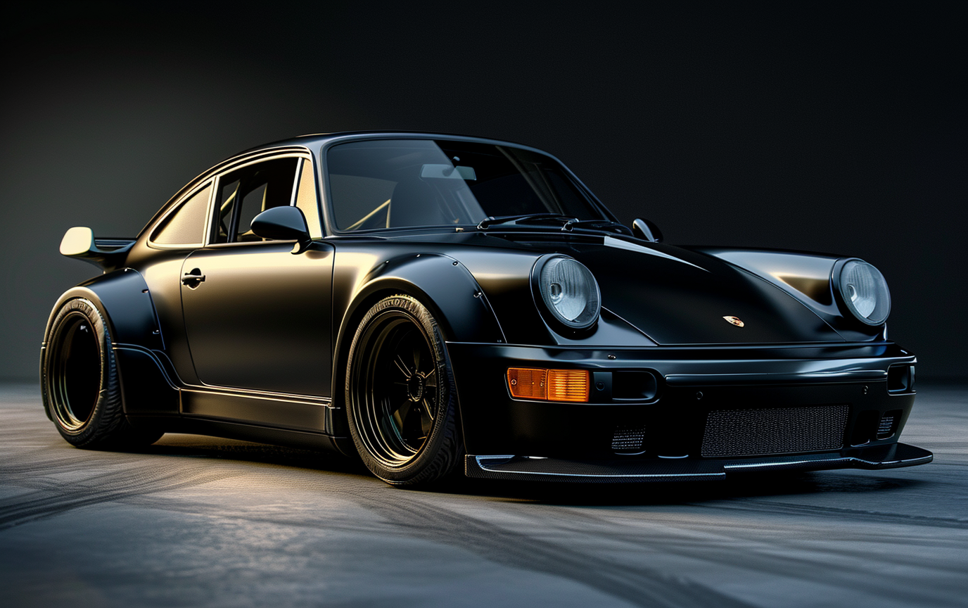 Black widebody Porsche RWB 964 with subtle lighting and shadows