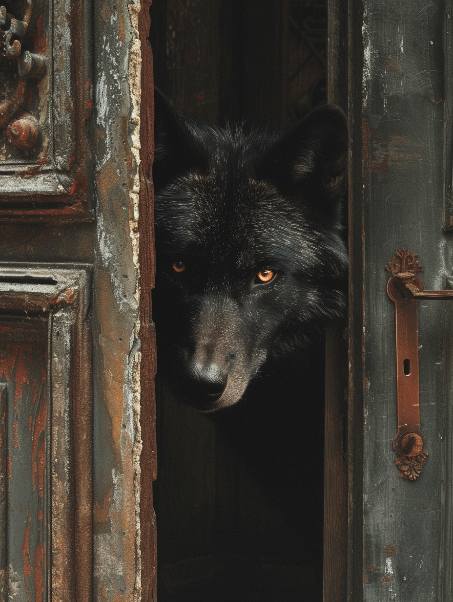 black wolf doorway surrealistic installations