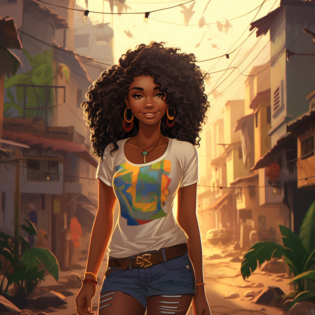 Black woman with afro hair and African style shirt in a Brazilian favela