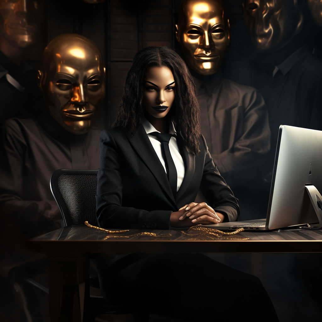 Masked black woman in suit, sitting at PC