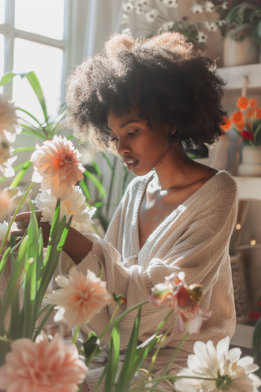 Black woman arranging flowers