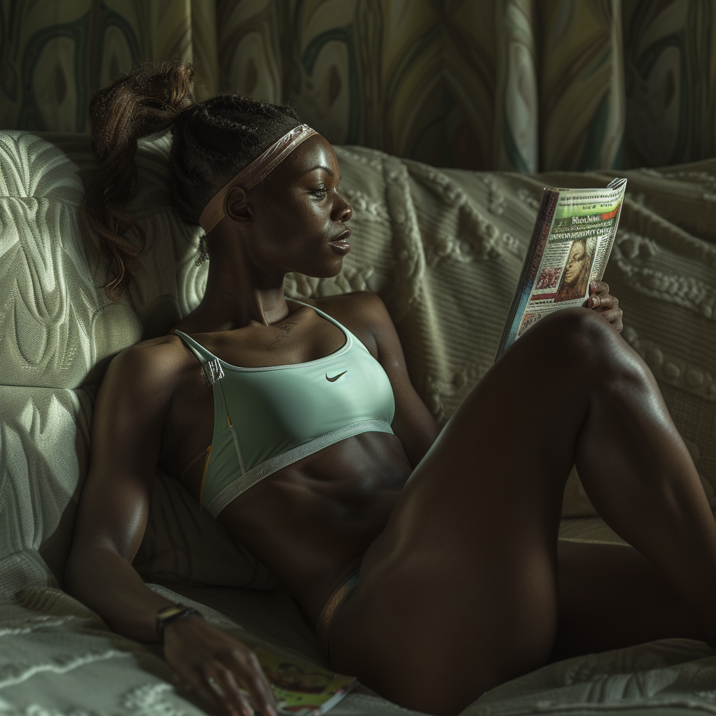 Black woman athlete reading magazine on sofa