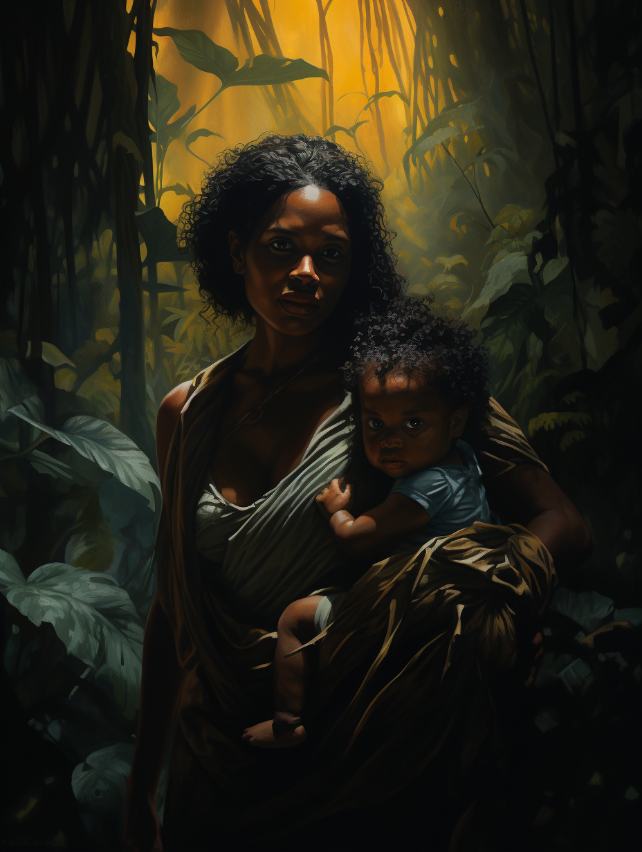 Illustration of a Black Woman with Baby and Devil