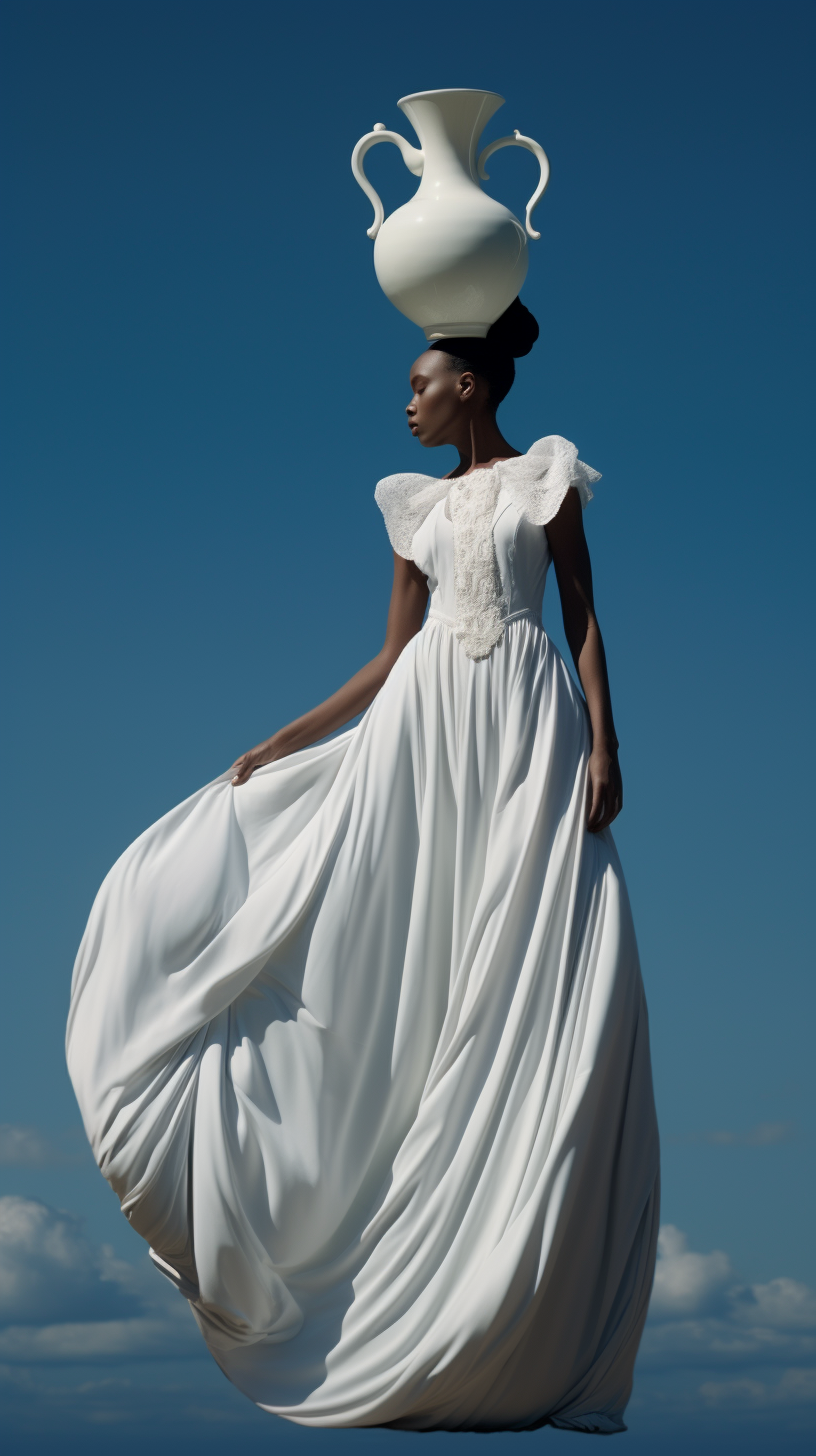 Black woman floating in sky with big dress