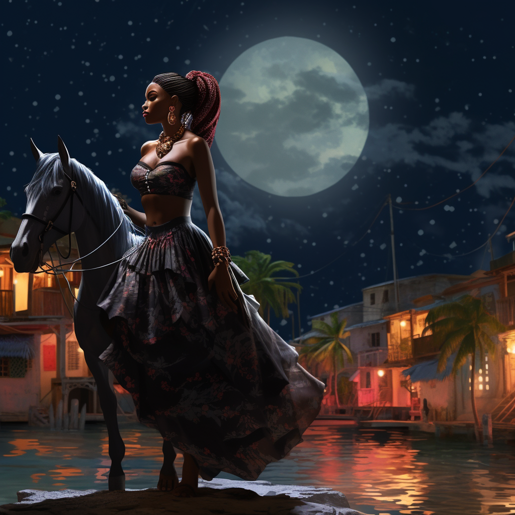 Beautiful black woman centaur in Caribbean city