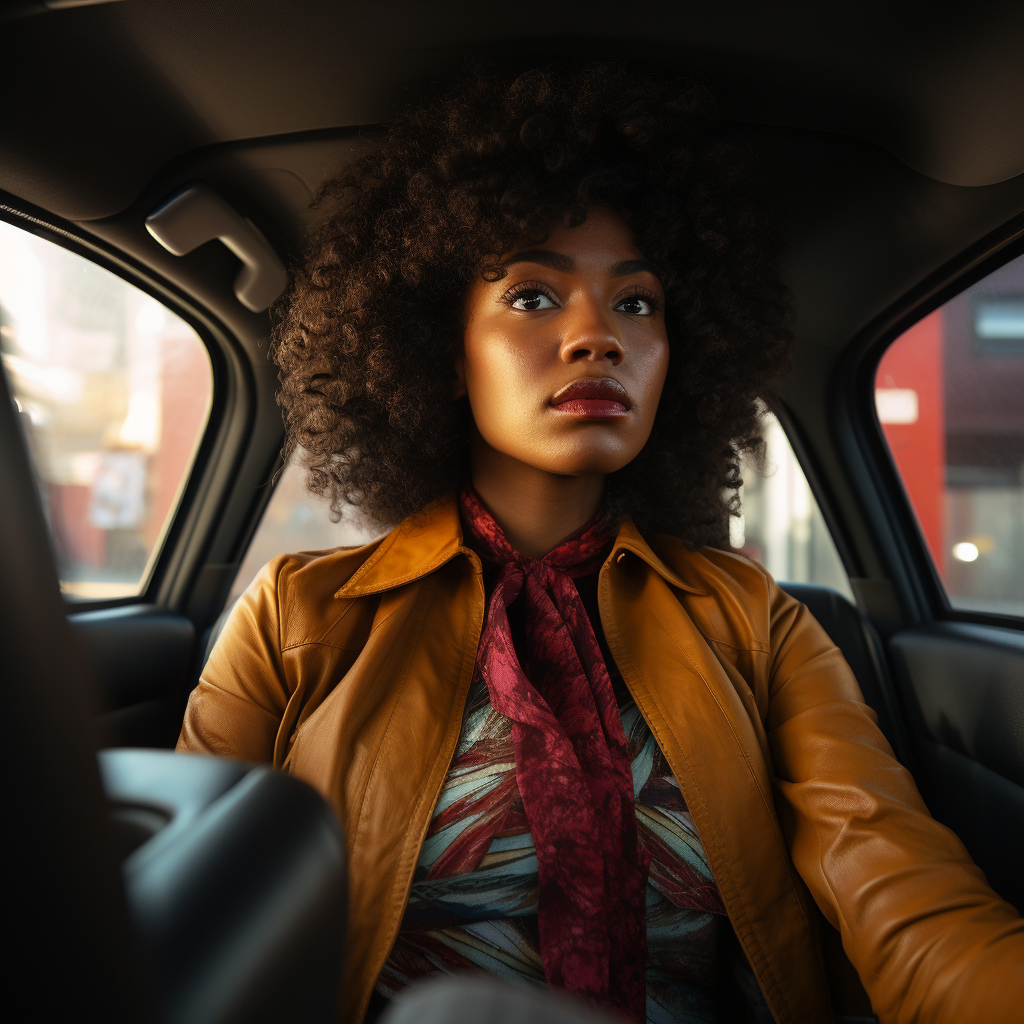 Black woman in car looking downwards