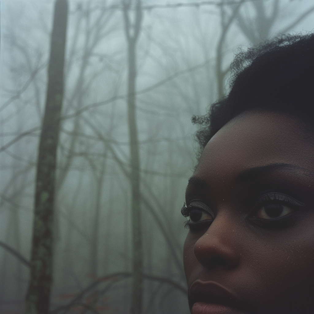 Black woman looking at misty forest