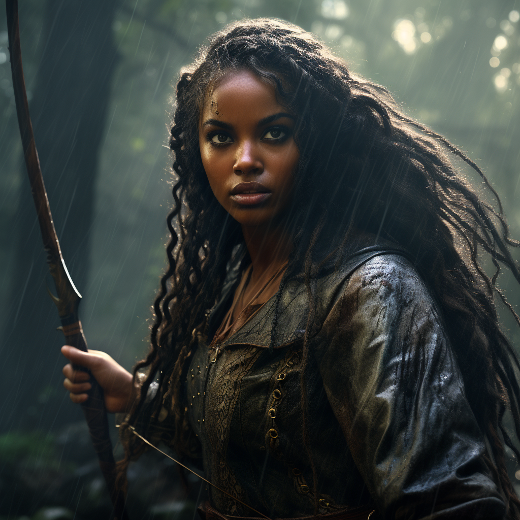 Black woman hunting with bow in rainforest