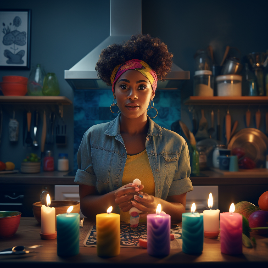 Black woman making candles in vibrant kitchen