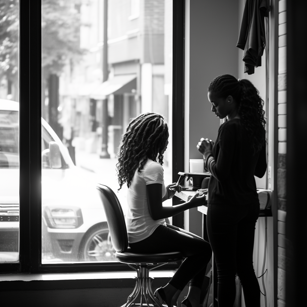 Black woman getting lace frontal wig installed by hairstylist