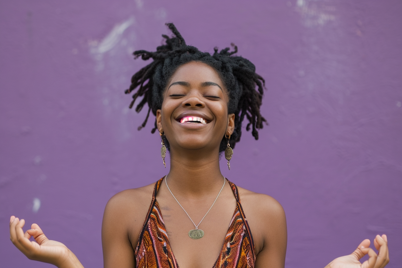 Black woman doing laughter yoga poses