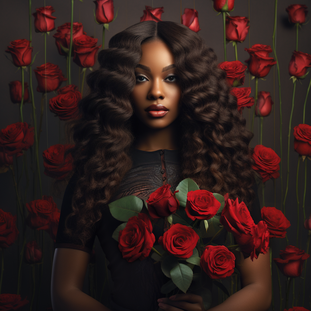 Black woman red roses long hair