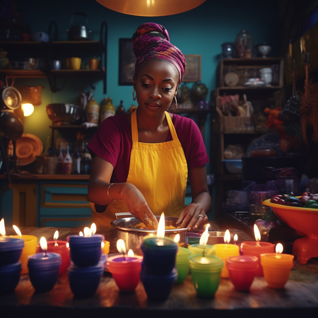 Black woman making candles in a colorful kitchen