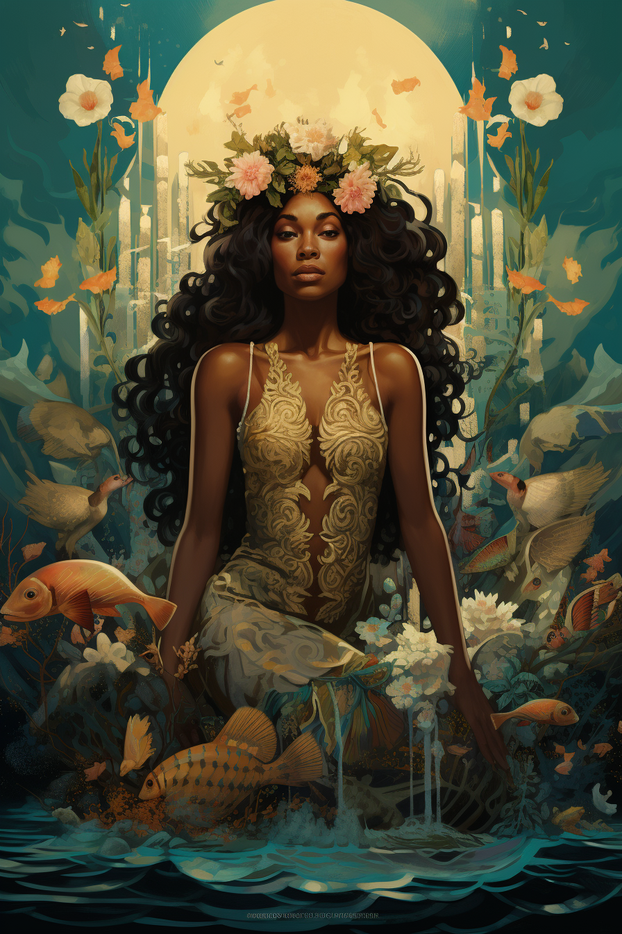 Artistic depiction of a black woman mermaid goddess