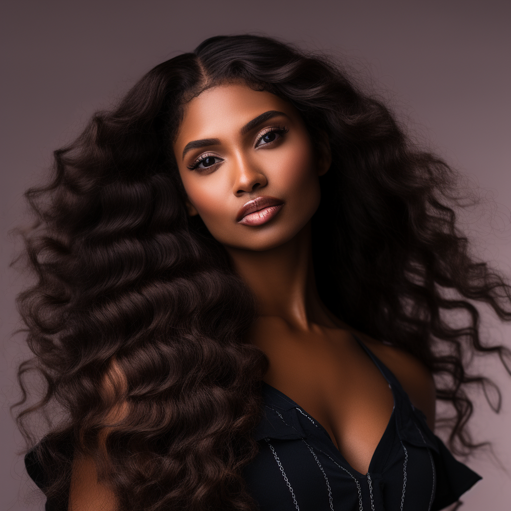 Black woman with long wavy hair extensions modeling