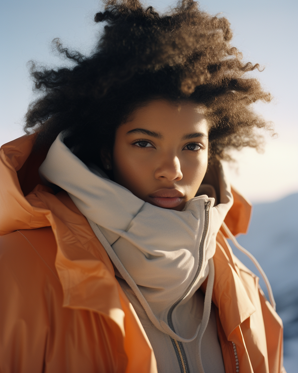 Black woman in Canada Goose streetwear on mountain