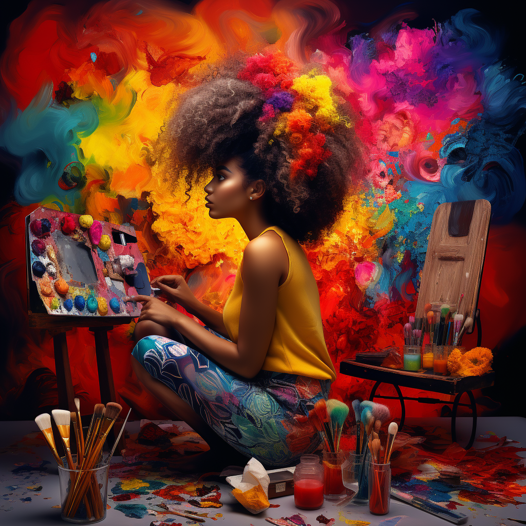 Black woman muse surrounded by artistic tools