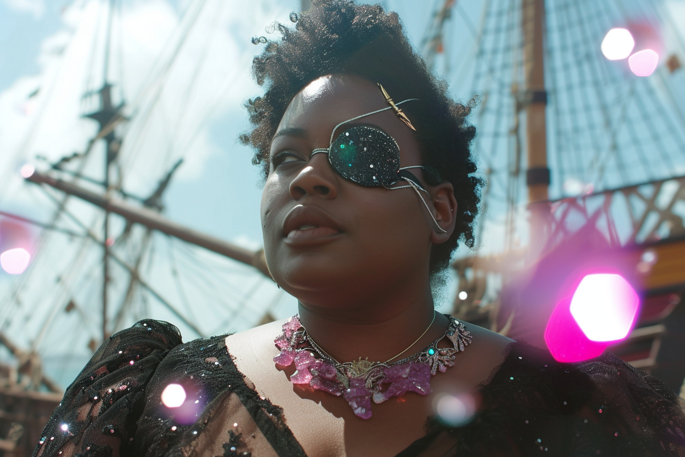 Plus-Size Black Woman on Medieval Pier with Pirate Ships