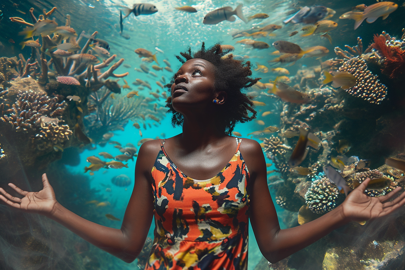 Black woman with open hands in aquarium dress