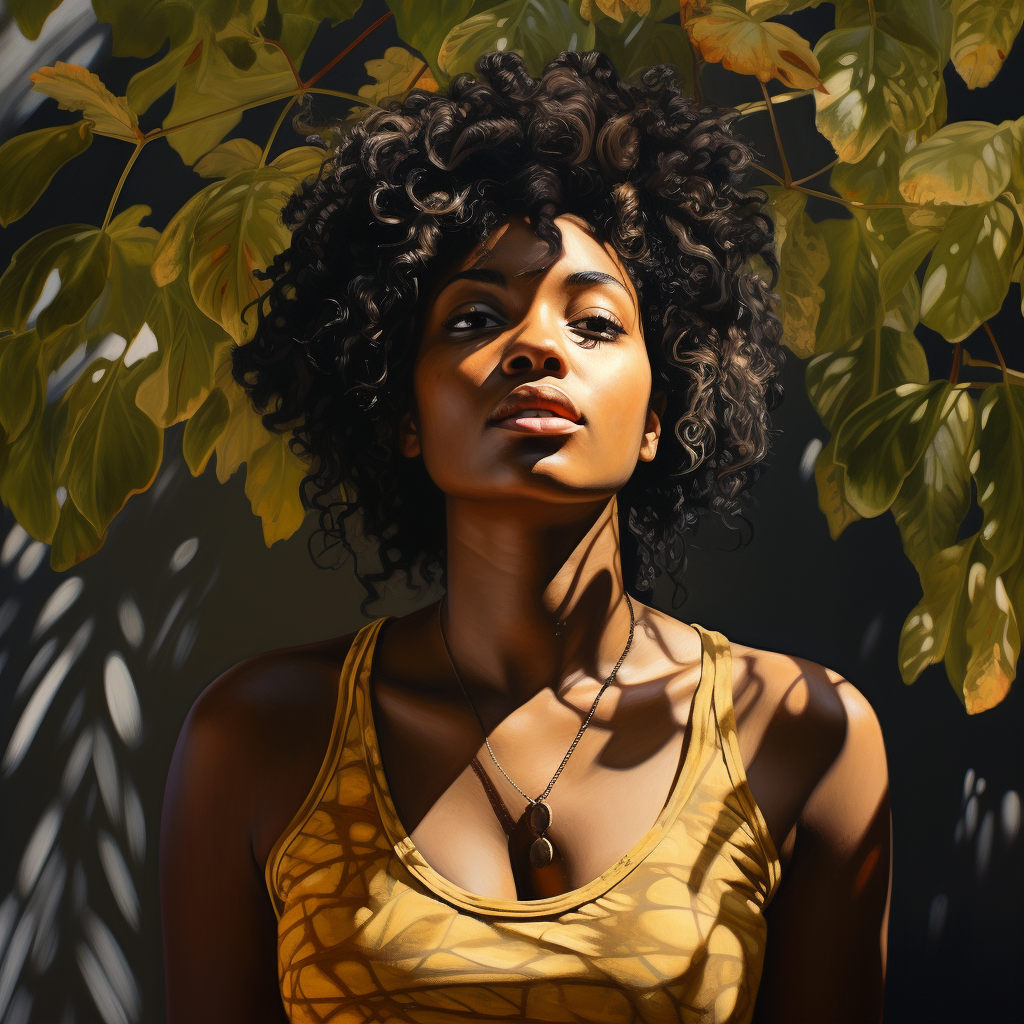 Photorealistic portrayal of a bright black woman enjoying the outdoors