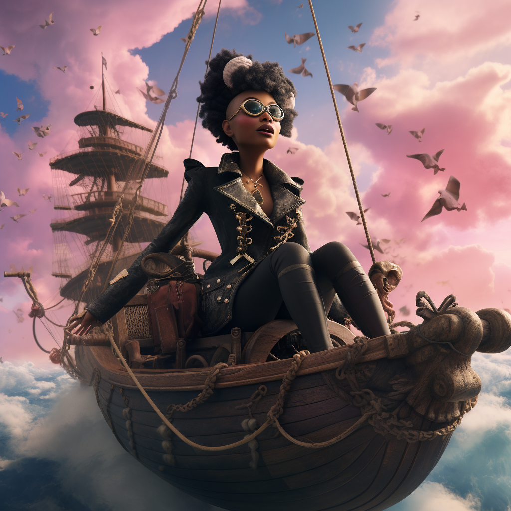 Black woman with pink pixie haircut in pirate suit on pirate ship in the sky