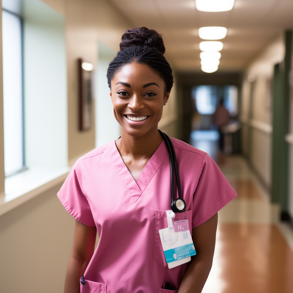 Black woman in pink scrubs smiling