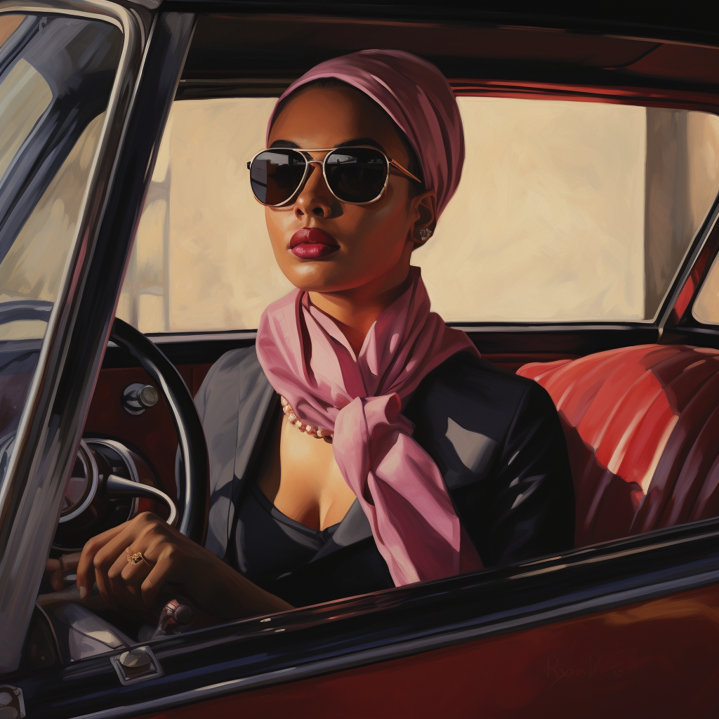 Black woman driving Porsche with scarf and sunglasses